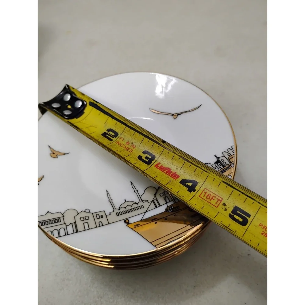 Bernardo Fine Porcelain Turkish Coffee 6 Cups 6 Saucers Skyline Birds Gold Tea